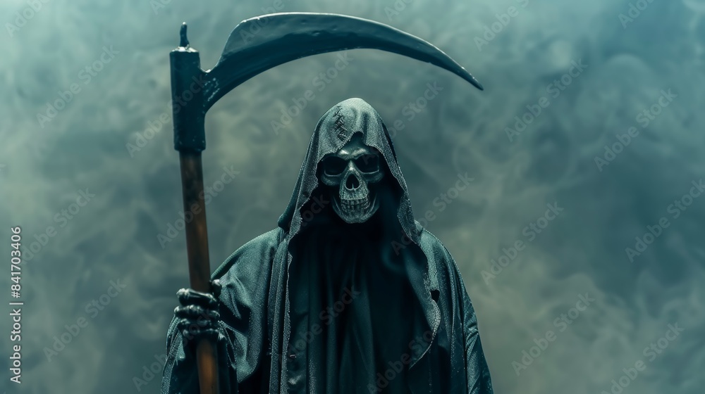 Sinister grim reaper reaching out on eerie dark background with space for text overlay