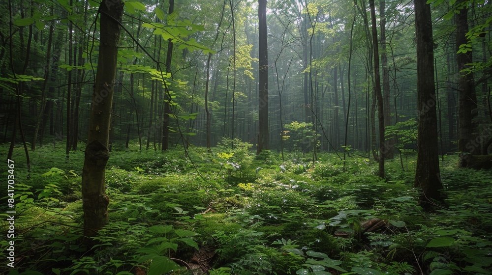 Fototapeta premium Lush Green Forest Path During Early Morning Sunlight