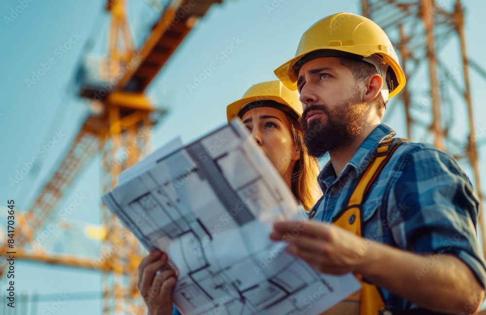 Construction Workers Reviewing Blueprint At Construction Site Construction Workers Reviewing Blueprint At Construction Site