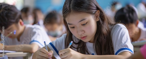 Focused Young Woman Writing In Classroom During Exam