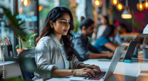 Diverse group of Indian office workers working on laptops in a modern open space, side view