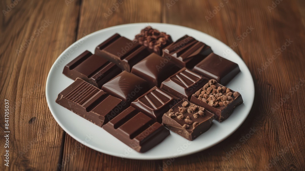 Chocolate chips on white ceramic plate on wooden table. Chocolate chips on white ceramic plate on wooden table.