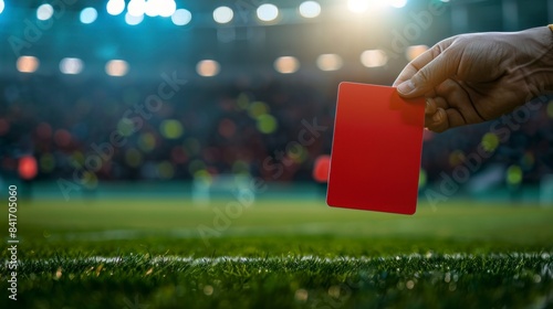 hand of a referee with the red card on a soccer field photo