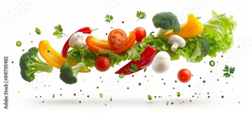 Colorful vegetables floating gracefully in mid air on a pristine white background