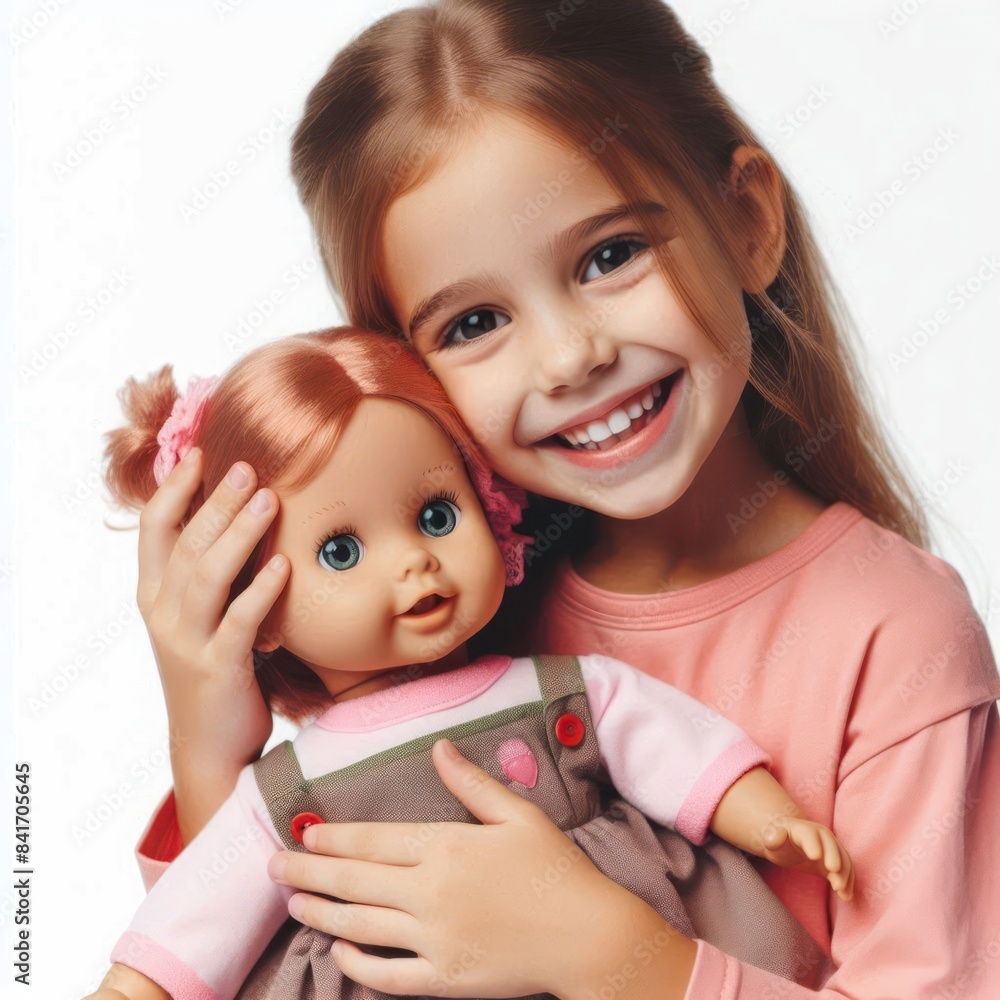 Cheerful little girl playing with a doll Isolated on white background Cheerful little girl playing with a doll Isolated on white background