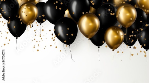 Black and gold balloons with glitter confetti, festive celebration, white background, high detail, digital photography