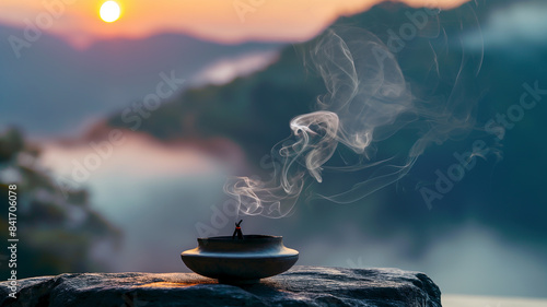 Smoke incense cones on beautiful landscape background on sunset. Meditative scenery .	 photo