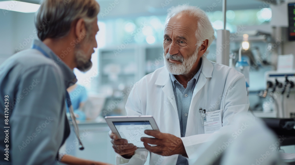 Senior doctor discussing medical results with a patient using a digital tablet in a modern healthcare facility. Senior doctor discussing medical results with a patient using a digital tablet in a modern healthcare facility.