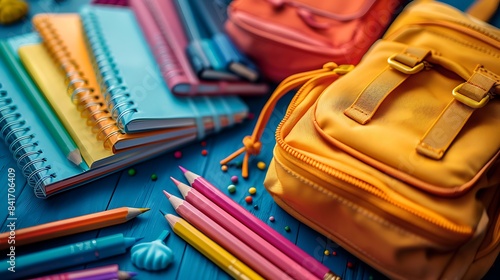 Wallpaper Mural A top view of a backpack filled with colorful school supplies like pencils, markers, and notebooks, neatly arranged in a circular pattern with clear copy space in the center. Torontodigital.ca