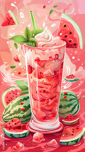Vibrant digital Illustration art of watermelon smoothie with whipped cream and fresh mint