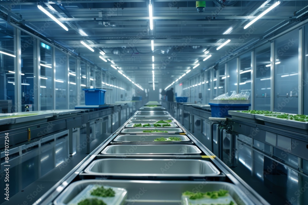 Fototapeta premium High-Tech Facility with Genetically Modified Food Products Ready for Packaging and Distribution