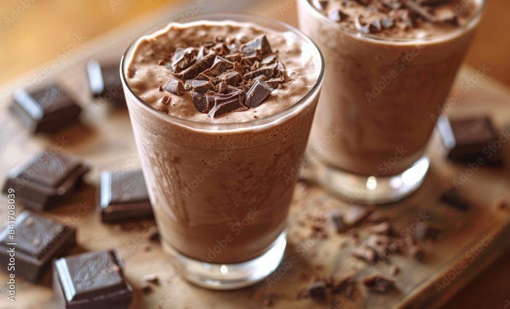 A decadent chocolate milkshake made with vanilla ice cream, chocolate syrup, and whipped cream. The milkshake is topped with chocolate shavings and served in a tall glass. A decadent chocolate milkshake made with vanilla ice cream, chocolate syrup, and whipped cream. The milkshake is topped with chocolate shavings and served in a tall glass.