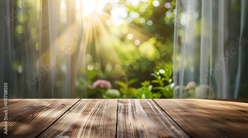 Sunlit Window Overlooking Peaceful Garden Backdrop for Product Display or Design Layout