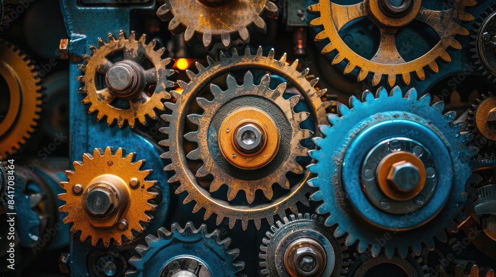 A complex system of gears and cogs, each one turning the other, creating a beautiful and mesmerizing display of motion. A complex system of gears and cogs, each one turning the other, creating a beautiful and mesmerizing display of motion.