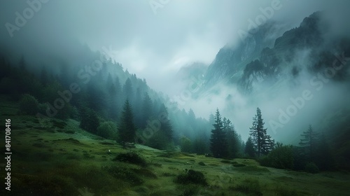 Majestic Misty Mountain Landscape in the Alps with Lush Evergreen Forests and Rugged Peaks Emerging from the Clouds