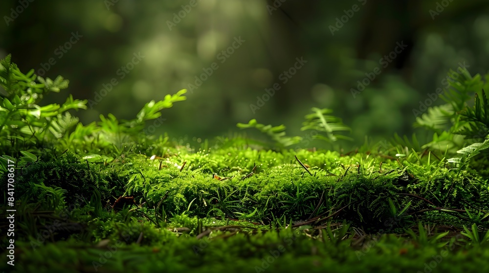 Lush Green Moss Carpet in Serene Forest Backdrop for Product Displays Lush Green Moss Carpet in Serene Forest Backdrop for Product Displays