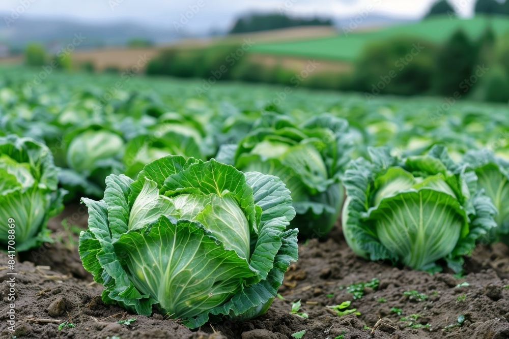 Genetically Modified Cabbage Field Ready for Harvest with Healthy, Large Green Cabbages Genetically Modified Cabbage Field Ready for Harvest with Healthy, Large Green Cabbages