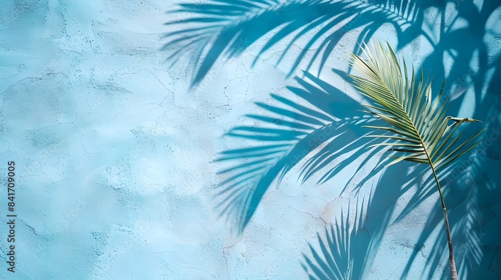 Obraz premium Serene Palm Shadow Texture on Blue Cement Wall for Natural Organic Cosmetic Product Presentations