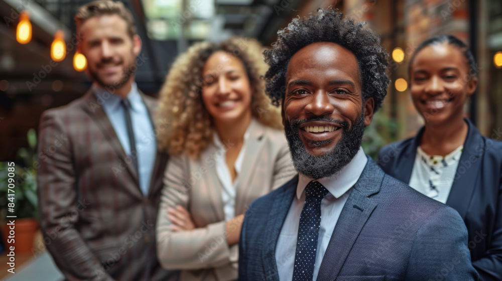 Group of diverse business professionals smiling confidently, highlighting teamwork and corporate success in a modern office. Group of diverse business professionals smiling confidently, highlighting teamwork and corporate success in a modern office.