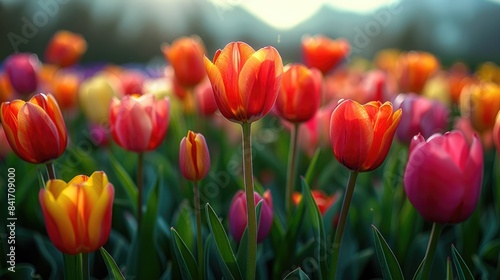 A field of red tulips in full bloom. The tulips are of various shades of red, from light pink to deep red. 