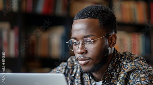 Focused Young Man Working on Laptop in Library