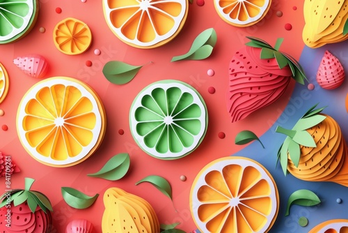  a vibrant still life of citrus fruits and strawberries. paper cut background