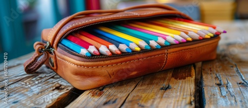 Blue Case With Colored Pencils on Wooden Table