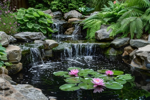 Fototapeta Naklejka Na Ścianę i Meble -  Serene Garden with Waterfall and Pond Featuring Lilies, Ferns, and Blooming Flowers - Ideal for Tranquil Retreats