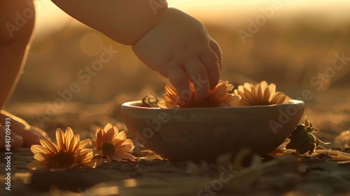 The hand of a small child takes a flower from a bowl against the backdrop of sunset lighting.
Concept: world exploration, natural elements, family memories, promotional materials for children's produc photo