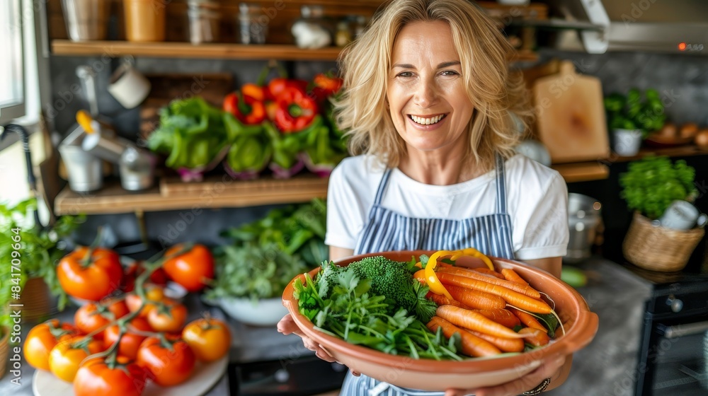 Senior lady smiling with joy, holding nutritious vegetable salad in a kitchen setting