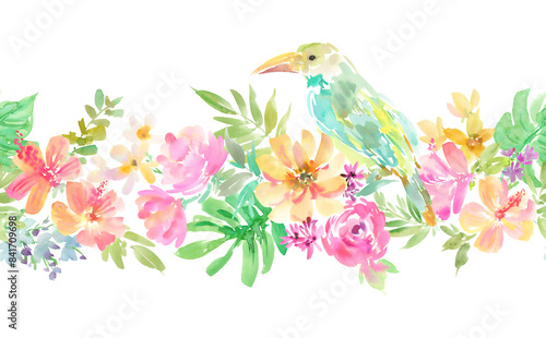 Seamless pattern with an abstract watercolor design featuring tropical flowers, such as hibiscus and monstera leaves, along with a tucan on a transparent background