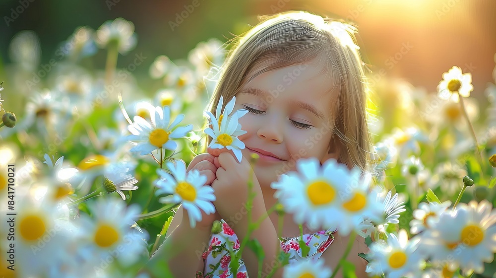 A little girl with blond hair and in a flower dress lies among the daisies. Toddler smiling and holding flowers. The background is green and creates the atmosphere of a summer day in nature. A little girl with blond hair and in a flower dress lies among the daisies. Toddler smiling and holding flowers. The background is green and creates the atmosphere of a summer day in nature.