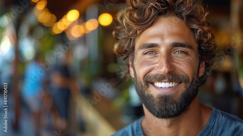 Handsome Man With Curly Hair Smiles In A Cafe Setting