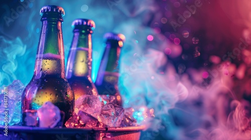 Chilled Beer Bottles in an Ice Bucket with Smoke Vapor and Colorful Lights for Concert Vibe Promotion