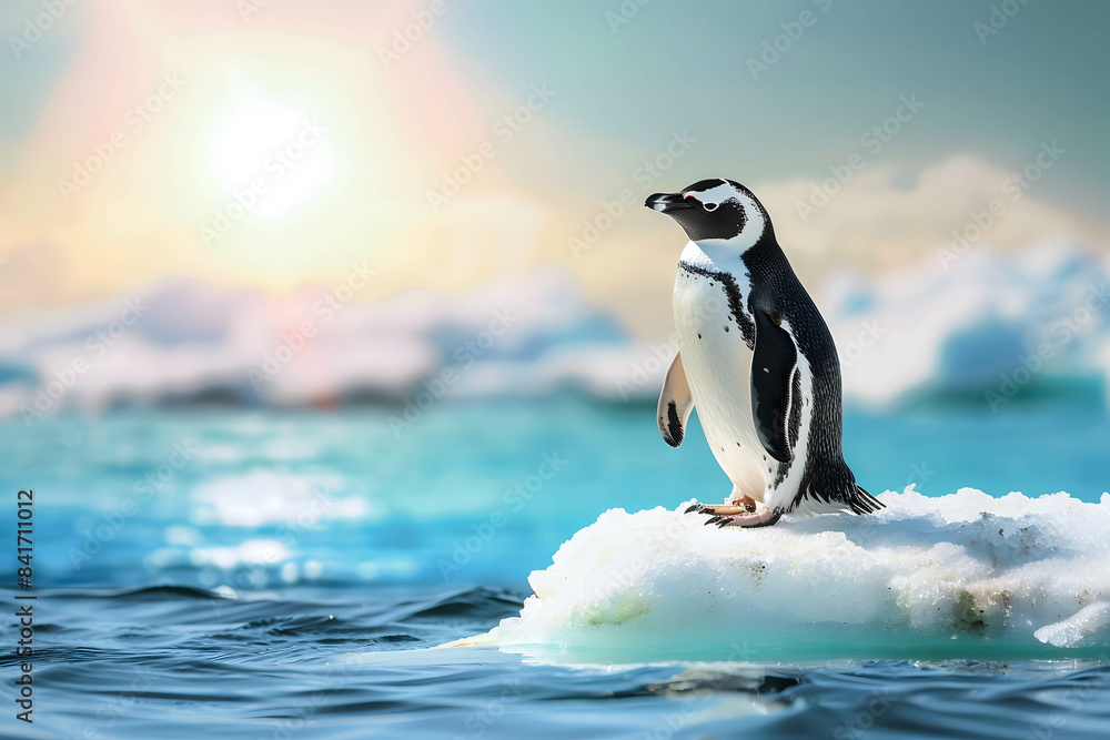 Obraz premium Global warming concept, a penguin on an ice floe in the South Pole, with a striking blue sea and the bright, hot sun overhead