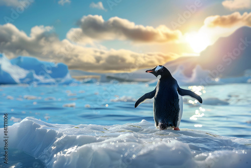 Global warming concept, a penguin on an ice floe in the South Pole, with a striking blue sea and the bright, hot sun overhead