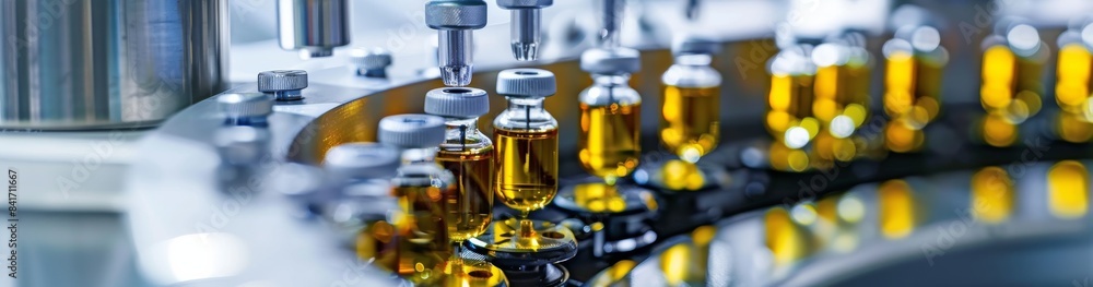In Pharmaceutical Manufacturing Process, vials and syringes move along an assembly line with strict quality control, advanced technology, and sterile conditions for efficient production In Pharmaceutical Manufacturing Process, vials and syringes move along an assembly line with strict quality control, advanced technology, and sterile conditions for efficient production