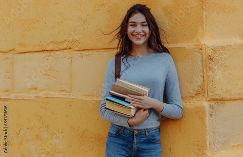 Young Woman Holding Books Against Yellow Wall