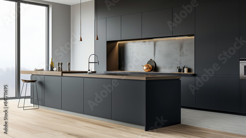 Modern minimalistic kitchen interior fully furnished in a new luxurious home