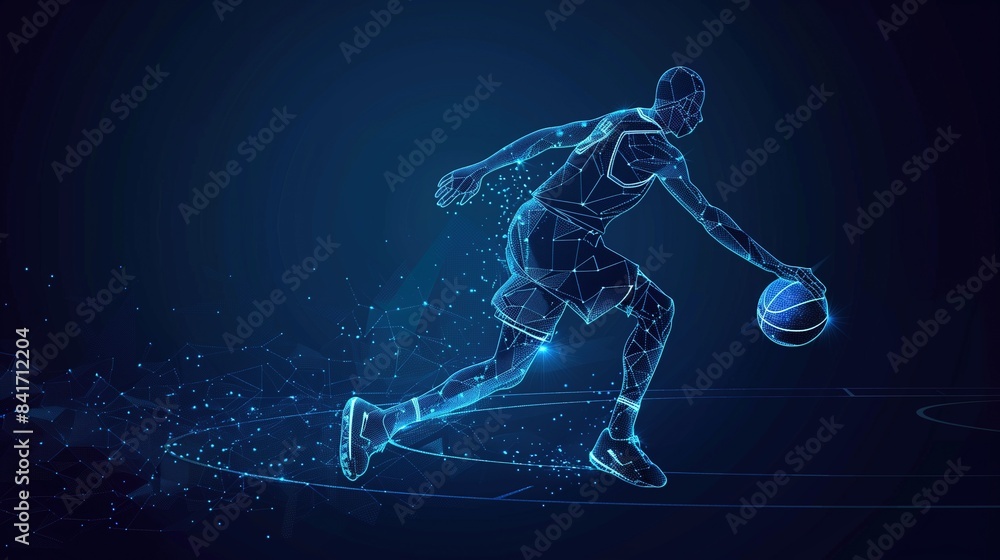 Fototapeta premium an Olympic basketball player silhouette with illuminated lines and dots on a dark background, futuristic digital business template background
