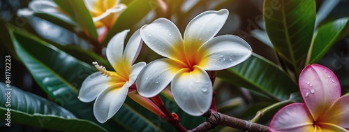 Blossoming paradise  Journey into a paradise of blossoms with a captivating frangipani flower background  exuding natural beauty and grace.