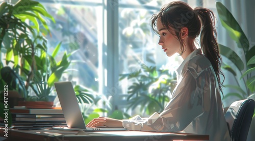 Woman Typing on Laptop in a Sunny Room