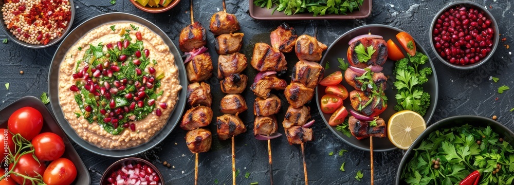 Middle Eastern Feast With Grilled Meat Skewers, Hummus, and Salads Middle Eastern Feast With Grilled Meat Skewers, Hummus, and Salads