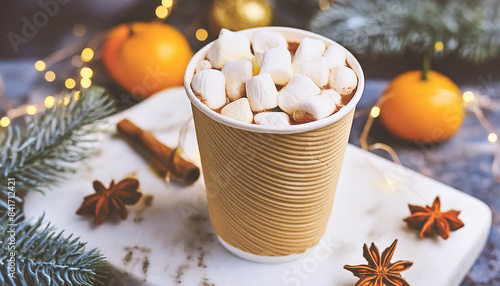 Hot chocolate drink with marshmallows in paper cup on marble board. Tasty Christmas cocoa beverage.