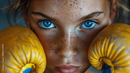 Young Female Boxer With Blue Eyes and Yellow Gloves Prepares for a Fight