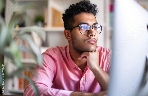 Focused Man Working at a Computer in a Modern Office