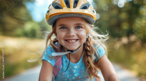 Young Girl Riding Bike in Forest During Summer