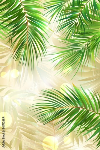 Tropical beach palm leaf with sunlight bokeh wave abstract background for serene atmosphere