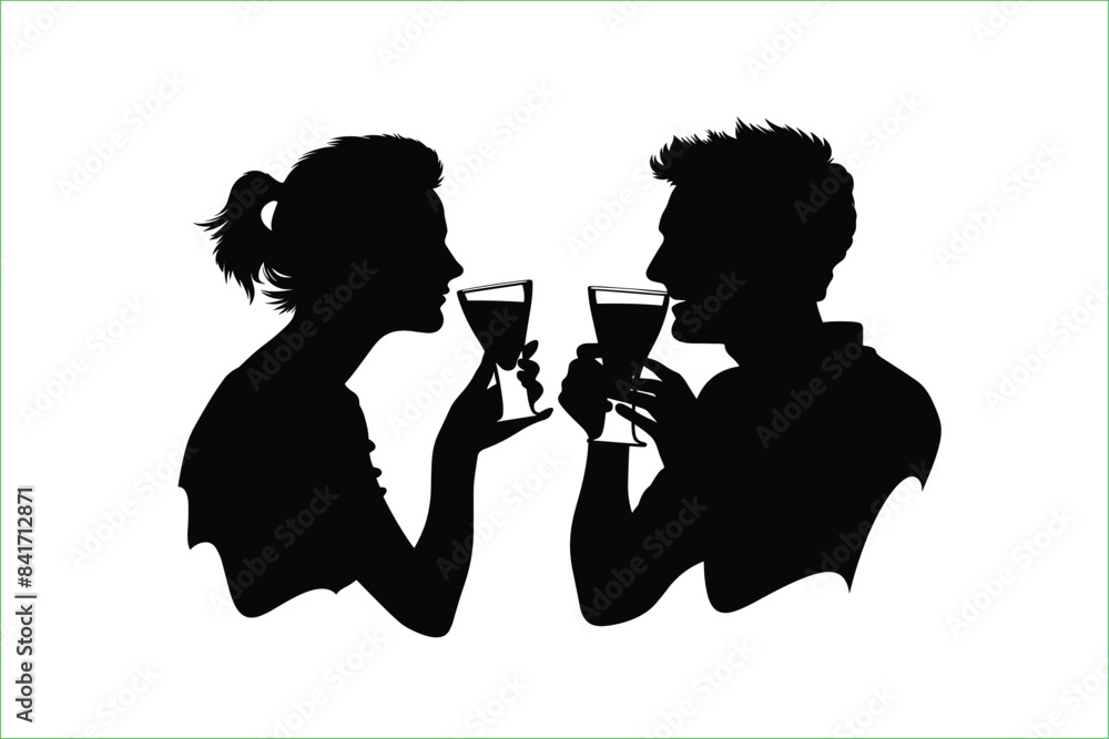 black silhouettes of man and woman drinking standing isolated on a white background. Silhouette of people drinking. Vector of young man and woman drinking. Dating. Drinking. black silhouettes of man and woman drinking standing isolated on a white background. Silhouette of people drinking. Vector of young man and woman drinking. Dating. Drinking.