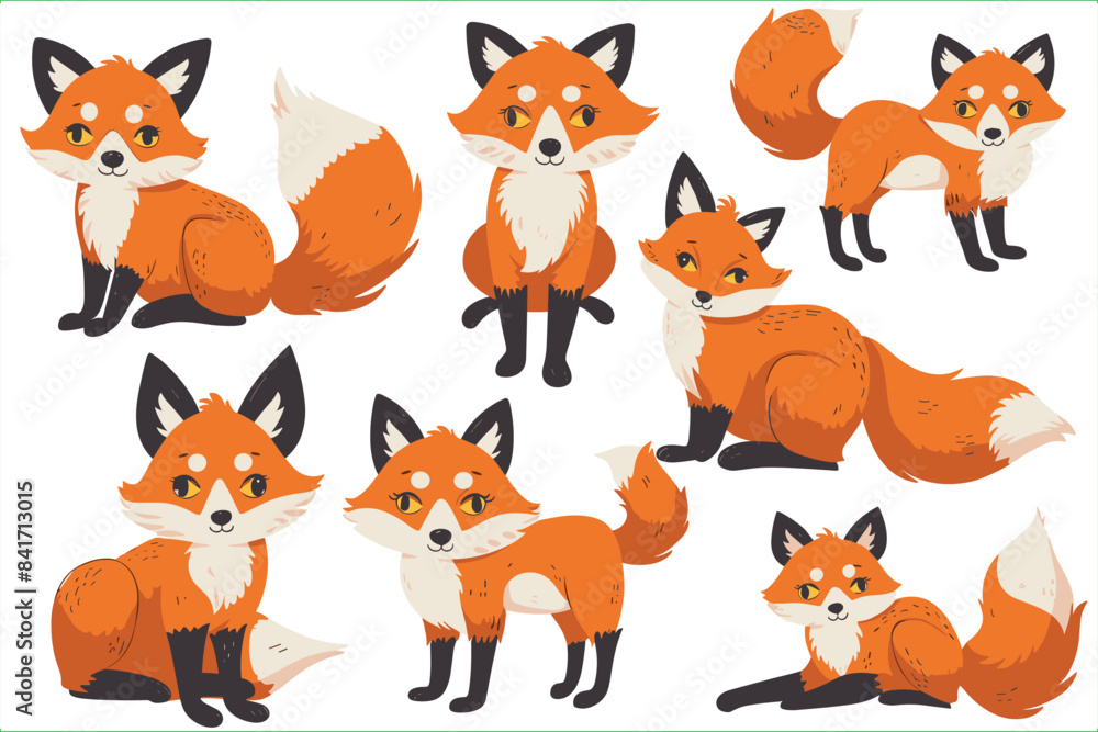 Set of Fluffy the Fox isolated on a white background, Flat style cartoon vector illustration. Fox of colorful set. Flat vector set of bright red fox in different actions. Fox character. Set of Fluffy the Fox isolated on a white background, Flat style cartoon vector illustration. Fox of colorful set. Flat vector set of bright red fox in different actions. Fox character.